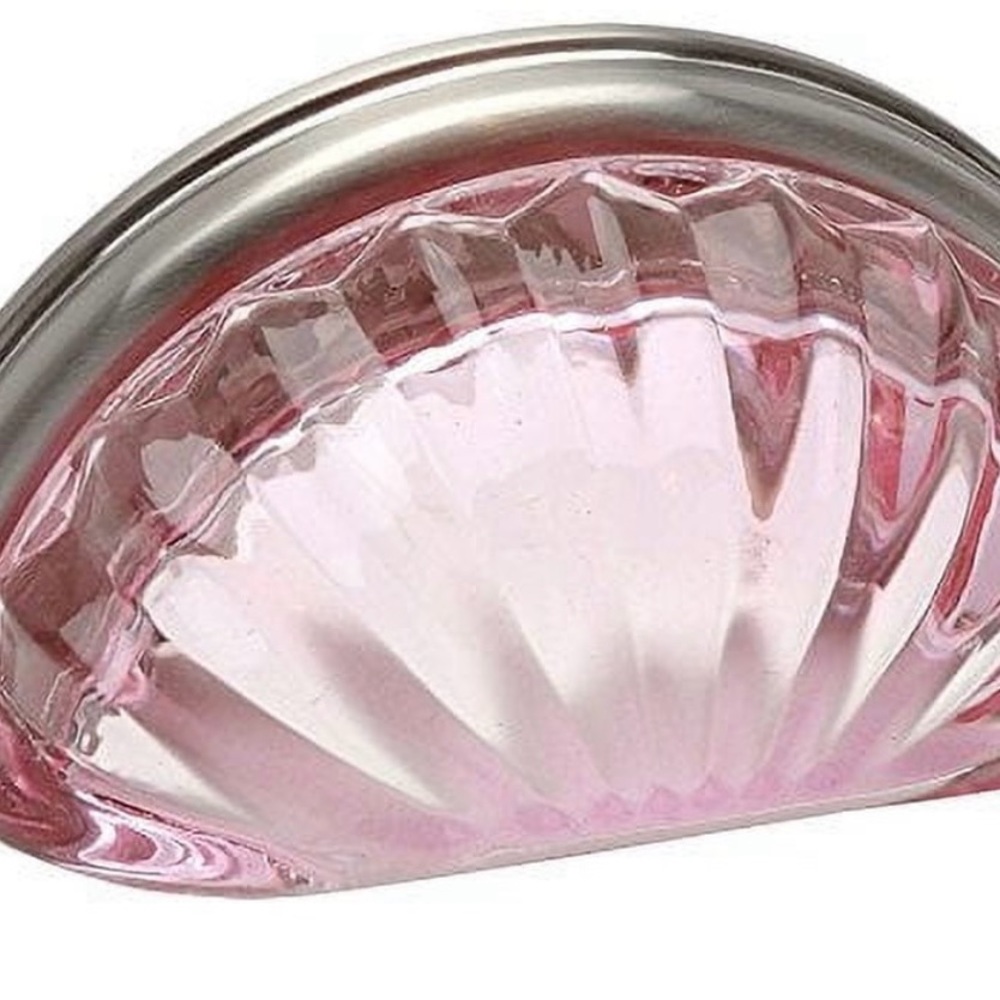 Set of 5 - New Satin Nickel with Pink Glass Cabinet Cup Pull - 3" Hole Centers - Picture 3 of 4